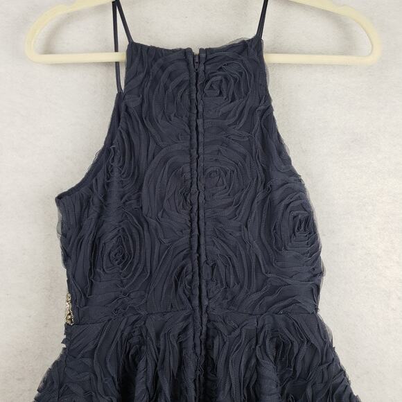 Trixxi Size 5 High Neck Fit & Flare Mini Dress Navy Textured Floral Rhinestone - Picture 10 of 11